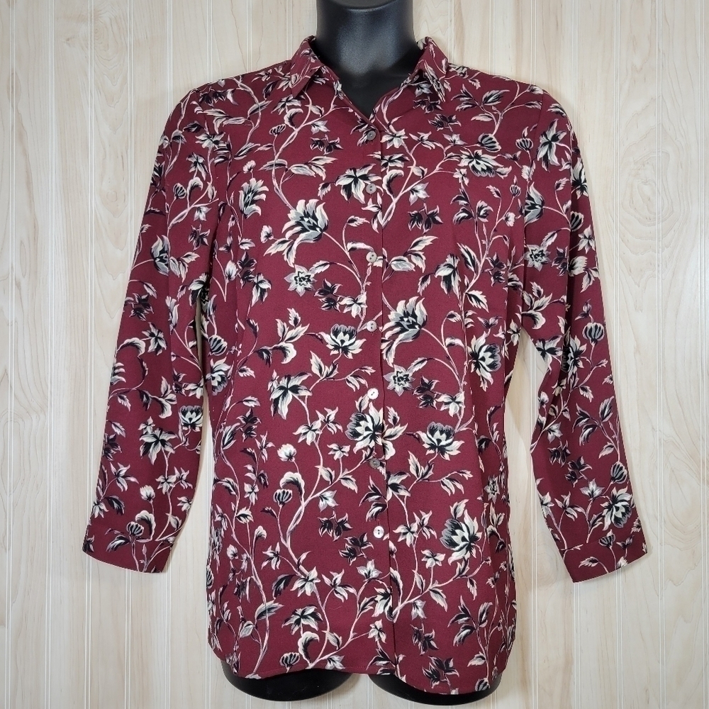J. Jill Wine & Floral Button-Down Blouse Top Sz LP